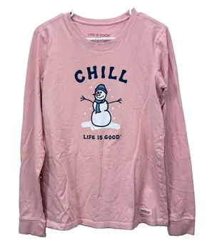 Life is Good Pink Snowman Chill Crew Neck Long Sleeve Crusher‎ Tee LARGE thumbnail 1