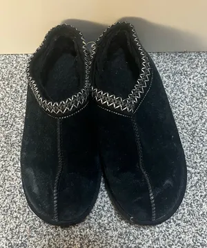 UGG Black Suede Slippers with White Stitching thumbnail 1