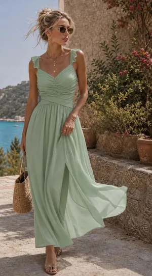 Rihoas Sage Green Ruffle Strap Maxi Dress thumbnail 1