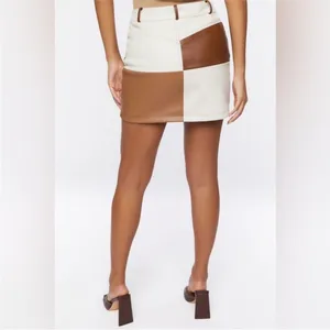 Forever 21 Faux Leather Patchwork on‎ Brown And Tan Mini Skirt L thumbnail 2