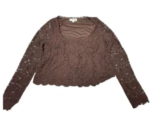 La Peche Brown Lace Long Sleeve Crop Top Women’s XL Sheer Floral Blouse Y2K thumbnail 1