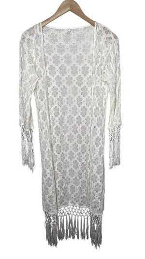 RAGA Boho White Floral Lace Open-Front Fringe Duster Cardigan Size Medium thumbnail 1