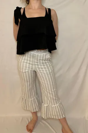 English Factory Gray Striped Ruffle Cropped Bell Bottom Linen Pants - XS thumbnail 5