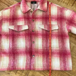 Vici Plaid Oversized Boxy‎ Jacket Medium Shirt Shacket Pink Cabincore Cozy Fuzzy thumbnail 12
