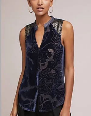 Anthropologie Tiny Navy Blue Button Down Sheer Velour Sequin Sleeveless Top thumbnail 1