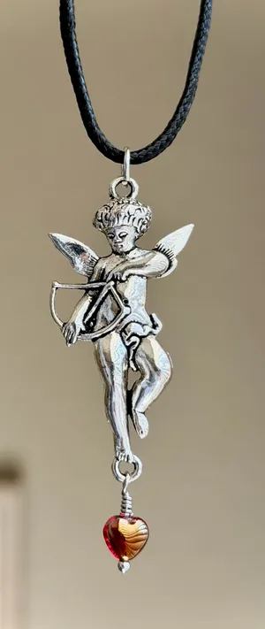Handmade vintage antique style fairy angel cherub & red glass heart necklace❤️ thumbnail 1