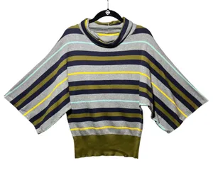 Joan Vass Striped Poncho Top‎ Cowl Neck Oversized Cotton Boxy Batwing 2 M/L thumbnail 1