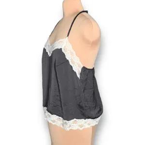 FT Black Satin Camisole Ivory Lace‎ Trim Adjustable Spaghetti Strap Large Top thumbnail 3
