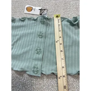 Ribbed Off-Shoulder Button Crop Top in Sage Green Size S Shell 91% Tencel thumbnail 8