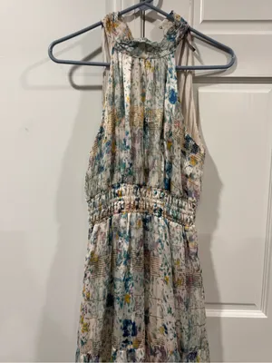 Anthropologie Halter Midi Dress in Light Blue Watercolor thumbnail 3