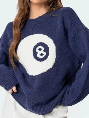 Edikted Womens Navy Blue Magic 8 Ball Crewneck Sweater Oversized Xs thumbnail 1