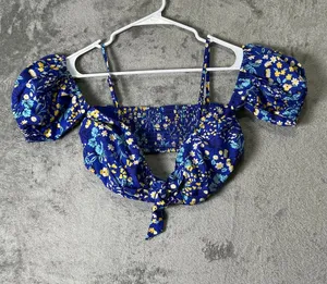 Maeve by Anthropologie Blue Floral Puff Sleeve Tie Front Crop Top Women’s Small thumbnail 1