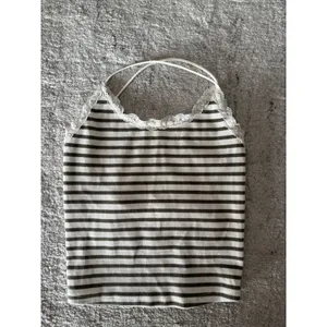 American Eagle Lace Trim Striped Cami Tank Top XS Olive Ivory Y2K Cottagecore thumbnail 6
