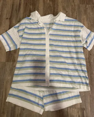 Crochet Short Sets 2 Two Piece for Women Striped Knit Button Top and Shorts Matching Sets thumbnail 3