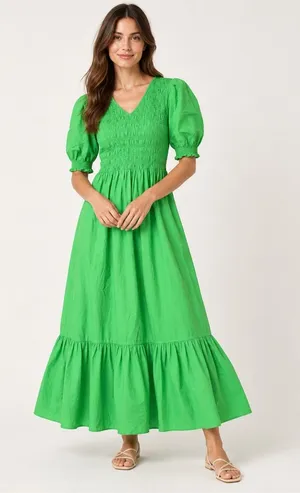 BOII Green Smocked Puff Sleeve Maxi Dress XS Cotton Tiered Ruffle Cottagecore thumbnail 1