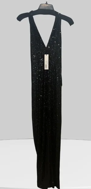 NWT Jay Godfrey Vintage Designer- Black Beaded Halter,‎ Floor Length V-Neck thumbnail 1