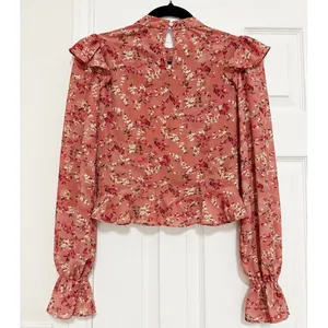 Milk & Honey Pink Floral Ruched Lace Ruffle Blouse Sheer Romantic Top Small thumbnail 4