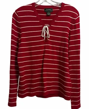 Ralph Lauren Red & White Striped V-Neck Lace-Up Sweater thumbnail 1