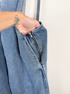 Lel Lab Denim Wide Leg Jumpsuit Baggy Plunging Neck Open Back Size 38/ Medium thumbnail 12