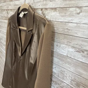 Vintage Peter Nygard Womens L Jacket Bronze Studded Leather & Knit‎ Back Sleeves thumbnail 9