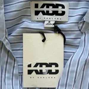 KBB Kahlana Barfield Brown Target Blue White Stripe Ruched Shirt Dress Small NEW thumbnail 6