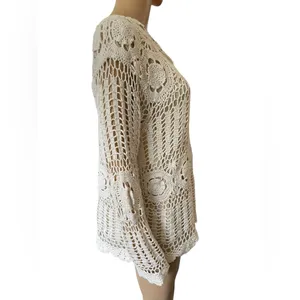 Roaman’s Vintage 90s Cream Boho Hippie Western Eclectic Crochet Long Sleeve Top thumbnail 2