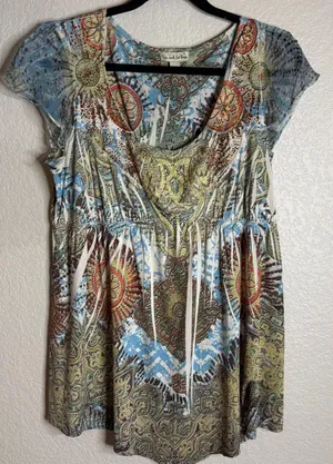 Live Let‎ Live Womens L Multicolor Tunic Top Paisley Rhinestone Babydoll Boho thumbnail 1