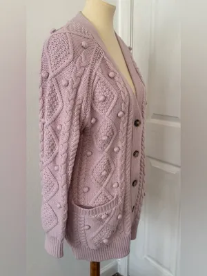 Aritzia Wilfred Alps Cardigan Soft Merino Wool Cable Knit Pom Poms Purple Small thumbnail 3