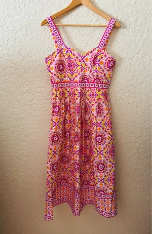🩷 Maison Tara Medallion Print Midi Dress Size 4 Bright Pink Orange WITH POCKETS thumbnail 3