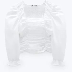 Zara White Poplin Ruched Smocked Balloon Sleeve Crop Top thumbnail 1