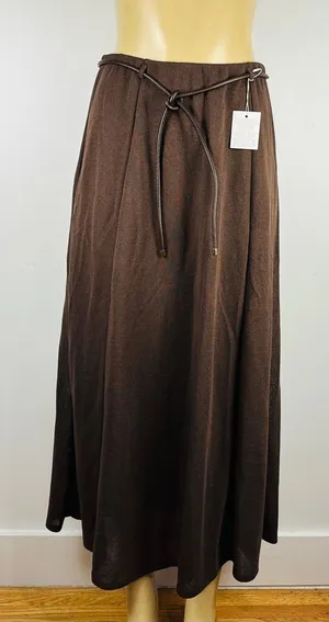New Zara Loose Maxi Skirt Sz L Brown Flowy Belted Pull On Lightweight NWT thumbnail 1