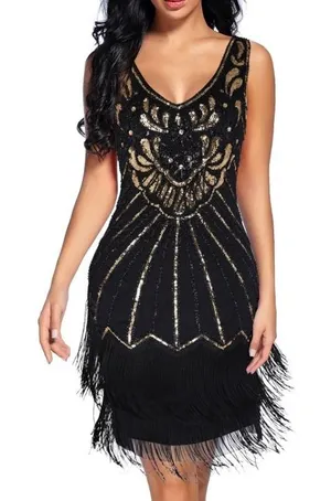 Babeyond Flapper Dress Black Gold Sequin Fringe Gatsby 1920s Costume Party‎ L thumbnail 1