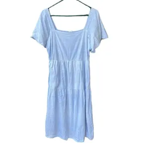 Free Assembly Women’s Tiered Midi dress light blue plaid size M elastic back flu thumbnail 4
