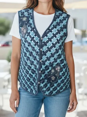 NAPA VALLEY Denim Vest SZ 1X Mixed Media Patches Open Weave Embroidery Western thumbnail 1
