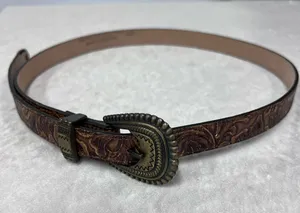 Hand-Tooled Brown Leather Western-Style Belt w/Antique Brass Buckle s/m thumbnail 1