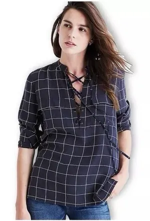 Madewell Silk Lace-up Shirt Blouse Windowpane Plaid Navy White Size Small thumbnail 1