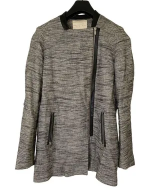 Maje Long Gray Cotton Linen Stretch Asymmetric Zip Coat women’s size 36 Small thumbnail 1