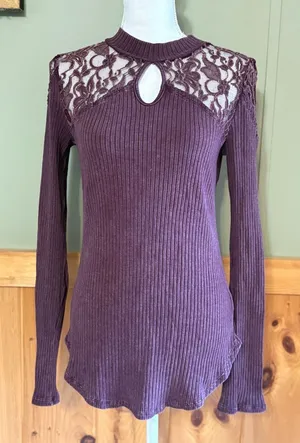 Free People Lace Keyhole Burgundy Acid Wash Ribbed Long Sleeve Top Size Large thumbnail 1