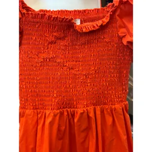 Livaceous Orange‎ Smocked Puff Sleeve Mini Dress Square Neck Ruffle Hem L thumbnail 6