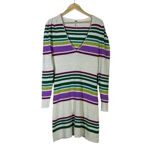 Free People Wide Eyed Striped Waffle Knit Mini Dress Multi Color Boho Size S thumbnail 3