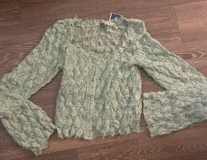 NWT Free People One Madison Top Smocked Lace Sheer Hook-Front Bell Sleeve Medium thumbnail 5