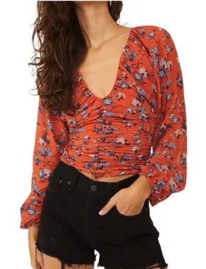 Free People New Final Rose Blouse Top Ruched Rust Orange Blue Floral Size XS thumbnail 1
