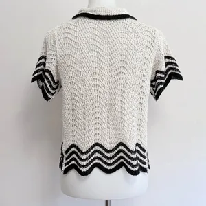 Solitaire Crochet Knit Polo Top Small Cream Black Chevron Scalloped Trim thumbnail 5
