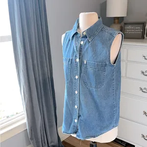 Riders By Lee Denim Jean Top Womens Small Button Down Collar Shirt Sleeveless Cotton thumbnail 7