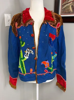 Vintage Western Cactus Cowboy Boot Embroidered Cardigan Blue Chenille Fringe L thumbnail 1