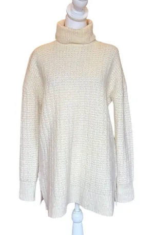 Theory Wool Oversized Turtleneck Tunic Sweater Womens Small Ivory Chunky Knit thumbnail 1