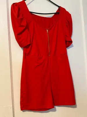 Red Puff Sleeve Short Romper with Center Zip Size L thumbnail 4