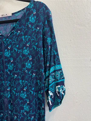 Blossom by P Blue Boho Floral Tunic Top Elephant Border Tassel Tie Size Medium M thumbnail 5