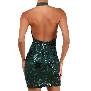 NWT Lulus Emerald Green Sequin Floral Halter Backless Mini Dress Size Small thumbnail 2