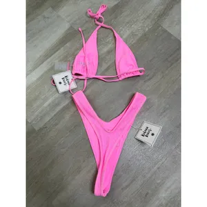 NEW Kulani Kinis Taffy Pink Ribbed Bikini Small Bind Tie Halter High Leg Thong thumbnail 8